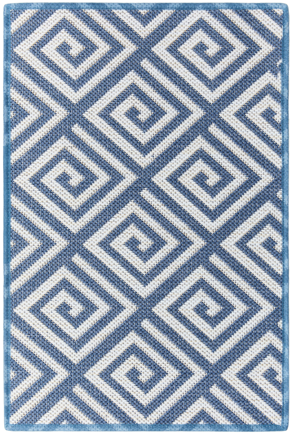 bacchus 1'6" x 2'3" sample in the navy colorway. it is blue with swirly diamond white lines. it looks similar to greek key