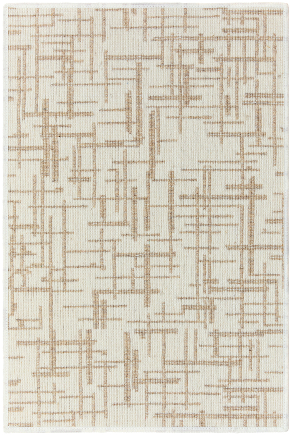 aurelia 1'2" x 1'6" sample in the beige colorway. the design contains a bunch of rough short strokes intersecting each other forming "t's" throughout