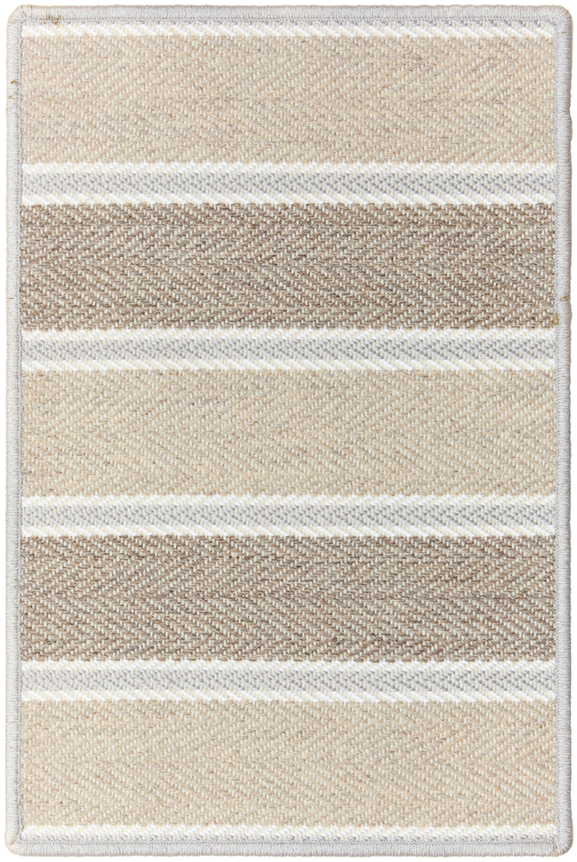 kailani 1'6" x 2'3" sample in the boardwalk colorway. four thin lines made of chevron patterning lay horizontally on the sample with thick alternating beige and brown colored blocks in between the dark chevron lines