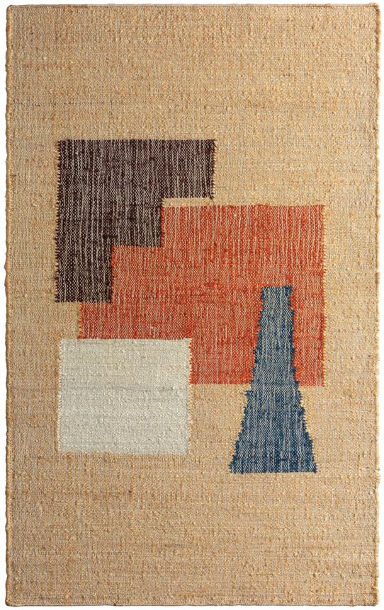 natural flatwoven jute rug with four different colored polygons in the center. a black upside down staircase shape, a red upright staircase, a white quadrangle, and a blue triangle