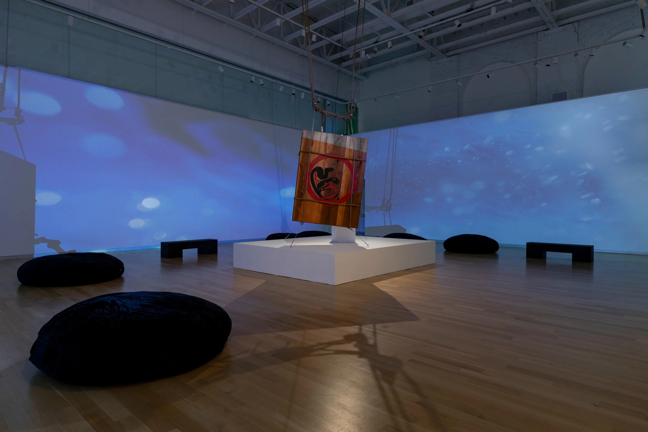 Installation view of Nicholas Galanin's A&aacute;ni y&eacute;i xat duwas&aacute;akw (I am called Land), 2025, MassArt Art Museum, Boston, MA, 2025