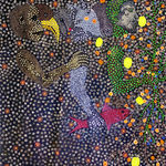 Ousmane Niang painting. Senegalese Artist. Contemporary African art in Paris. AFIKARIS PARIS. Acrylic and pastel on canvas. Pointillism. Anthropomorphic figures.