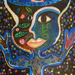 Hervé Yamguen painting. Cameroonian historical Artist. Contemporary African art in Paris. Acrylic on paper. Colorful painting. Abstract Figurative. Cercle Kapsiki.