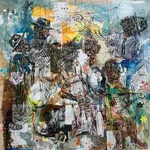 Salifou Lindou painting. Cameroonian Artist. Contemporary African art in Paris. AFIKARIS Gallery Paris. Mixed media on canvas. Figurative portraits. Duality of human beings. Observation of society. Cercle Kapsiki.