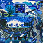 Hervé Yamguen painting. Cameroonian historical Artist. Contemporary African art in Paris. Acrylic on paper. Blue painting. Abstract Figurative. Cercle Kapsiki.