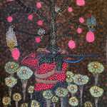 Ousmane Niang painting. Senegalese Artist. Contemporary African art in Paris. AFIKARIS PARIS. Acrylic and pastel on canvas. Pointillism. Anthropomorphic figures.