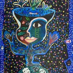 Hervé Yamguen painting. Cameroonian historical Artist. Contemporary African art in Paris. Acrylic on paper. Colorful painting. Abstract Figurative. Cercle Kapsiki.