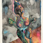 Hervé Yamguen painting. Cameroonian historical Artist. Contemporary African art in Paris. Acrylic on paper. Colorful painting. Abstract Figurative. Cercle Kapsiki.