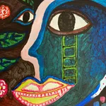 Hervé Yamguen painting. Cameroonian historical Artist. Contemporary African art in Paris. Acrylic on paper. Colorful painting. Abstract Figurative. Cercle Kapsiki.