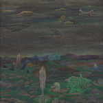 The artwork rendered with watercolour on paper shows a lanscape with miniature details of nature including mountains, rivers, tress, plants and water bodies as integral part of the mysticism the painting emanates