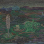 The artwork rendered with watercolour on paper shows a lanscape with miniature details of nature including mountains, rivers, tress, plants and water bodies as integral part of the mysticism the painting emanates