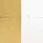 A diptych Artwork made on tinted wasli paper with gestural strokes in grey and red with gouache colour with each stroke having multiple smaller strokes within it depicting a horizontal freehand stroke extending from the first part of the diptych to the second seeming like a scribble towards the end