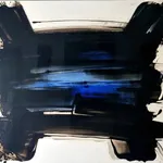 VENETUS LEO AD OPUS abstract painting of Frédéric Halbreich black and white and blue calligraphic contemporary painting oil painting lacquer on wood at Art Yi gallery in Brussels