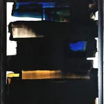 Aptere I, ein abstraktes Gemälde von Frédéric Halbreich in Schwarz, Weiß und Braun, kalligrafische zeitgenössische Malerei, Öl auf Lack auf Holz, ausgestellt in der Galerie Art Yi in Brüssel.