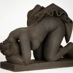 Figurative ceramics sculpture by artist Emilio DiIorio. Female figure is No. 5 in artist's Seated Bathers series in black clay.