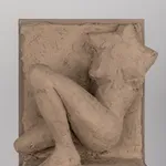 Figurative ceramic relief by artist Emilio DiIorio in Women of Troy series in gray clay.