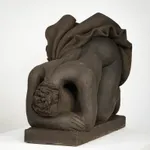 Figurative ceramics sculpture by artist Emilio DiIorio. Female figure is No. 5 in artist's Seated Bathers series in black clay.