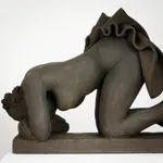 Figurative ceramics sculpture by artist Emilio DiIorio. Female figure is No. 5 in artist's Seated Bathers series in black clay.