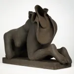 Figurative ceramics sculpture by artist Emilio DiIorio. Female figure is No. 5 in artist's Seated Bathers series in black clay.