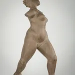 Figurative ceramic sculpture by artist Emilio DiIorio. Female figure is No. 3 in artist's The Dance series in gray clay.