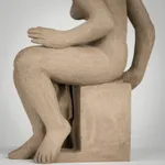 Figurative ceramics sculpture by artist Emilio DiIorio. Female figure is No. 4 in artist's Seated Bathers series in gray clay.