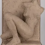 Figurative ceramic relief by artist Emilio DiIorio in Women of Troy series in gray clay.