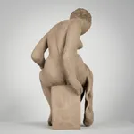 Figurative ceramics sculpture by artist Emilio DiIorio. Female figure is No. 4 in artist's Seated Bathers series in gray clay.