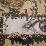 JR, Migrants, Mayra, Picnic across the border, Quadrichromie, Tecate, Mexico - U.S.A., 2018