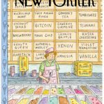 Man stand behind ice cream bins. Signs of strange flavors behind him