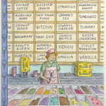 Man stand behind ice cream bins. Signs of strange flavors behind him