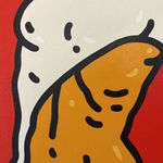 Detail photo of “Just Because She Can”, painting by Chance Cooper artist from United States, based in LA. Available at Carousel Fine Art Miami. The artist's technique with oil on canvas celebrates the sacred art of storytelling, with each painting evoking the sense of a page torn from one’s life. His work is recognized as a playground where his characters reveal their existential secrets. Colors of this work : Red, Orange, Yellow, Beige, Black, Green, Grey, White