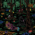 “Waking Up In Wonderland” , painting by Chance Cooper artist from United States, based in LA. Available at Carousel Fine Art Miami. The artist's technique with oil on canvas celebrates the sacred art of storytelling, with each painting evoking the sense of a page torn from one’s life. His work is recognized as a playground where his characters reveal their existential secrets. Colors of this work : Blue, Green, Purple, Pink, Orange, Red, Yellow, Brown, Black, Grey, White