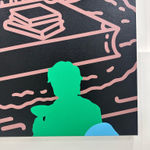 Detail photo of “Better Late Than Never”, painting by Chance Cooper artist from United States, based in LA. Available at Carousel Fine Art Atlanta. The artist's technique with oil on canvas celebrates the sacred art of storytelling, with each painting evoking the sense of a page torn from one’s life. His work is recognized as a playground where his characters reveal their existential secrets. Colors of this work : Blue, Green, Pink, Orange, Yellow, Purple, Brown, Black