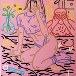 Detail photo of “Poor Devil Isn't Horny” , painting by Chance Cooper artist from United States, based in LA. Available at Carousel Fine Art Miami. The artist's technique with oil on canvas celebrates the sacred art of storytelling, with each painting evoking the sense of a page torn from one’s life. His work is recognized as a playground where his characters reveal their existential secrets. Colors of this work : Blue, Green, Purple, Pink, Red, Yellow, Brown, Black, White