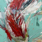 Detail photo of “Love,” painting by Eric Alfaro artist from Cuba, based in the United States. Available at Carousel Fine Art Miami. The artist’s technique transforms acrylic paint with his spatula into unforgettable imagery. His impasto texture captivates, while his use of color and contrast adds striking depth. Colors of this work : Aqua, Blue, Red, Pink, White, Purple, Orange, Yellow, Brown, Grey, Black