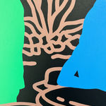 Detail photo of “Tell Me Something I Don't Know”, painting by Chance Cooper artist from United States, based in LA. Available at Carousel Fine Art Miami. The artist's technique with oil on canvas celebrates the sacred art of storytelling, with each painting evoking the sense of a page torn from one’s life. His work is recognized as a playground where his characters reveal their existential secrets. Colors of this work : Blue, Green, Orange, Brown, Black