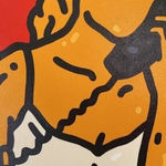 Detail photo of “Just Because She Can”, painting by Chance Cooper artist from United States, based in LA. Available at Carousel Fine Art Miami. The artist's technique with oil on canvas celebrates the sacred art of storytelling, with each painting evoking the sense of a page torn from one’s life. His work is recognized as a playground where his characters reveal their existential secrets. Colors of this work : Red, Orange, Yellow, Beige, Black, Green, Grey, White