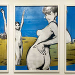 “Les Baigneuses et l’Aviron”, mixed media work on recycled card stock by BYC artist, from Switzerland. Available at Carousel Fine Art Miami.