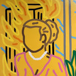 Detail photo of “Poor Devil Couldn't Get Fired” , painting by Chance Cooper artist from United States, based in LA. Available at Carousel Fine Art Miami. The artist's technique with oil on canvas celebrates the sacred art of storytelling, with each painting evoking the sense of a page torn from one’s life. His work is recognized as a playground where his characters reveal their existential secrets. Colors of this work : Blue, Green, Purple, Pink, Orange, Red, Yellow, Brown, Black, White