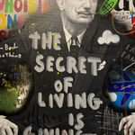 Detail photo of Bulls and Dali”, mixed media work by Jisbar artist from France, based in Portugal. Available at Carousel Fine Art Chicago. The artist’s hyper-saturated works blend Pop art with cultural references from fashion, music, and street art. He is known for his colorful, cryptic reinterpretations of iconic art history figures in mixed media on canvas. Colors of this work : Blue, Green, Teal, Red, Burgundy, Pink, Yellow, Purple, Black, Orange, Grey, White