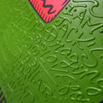 Detail photo of “El Fight Club”, painting by Cayla Birk artist from South Florida. Available at Carousel Fine Art Chicago. The artist’s technique blends traditional acrylic paints with unique materials, creating a distinct mixed media style. Birk's work is marked by intricate designs and recognizable gestures, combining contemporary culture, history, music, and literature. Her art challenges conventional thinking, offering new and unexpected experiences. Colors of this work : Green, Red, Beige, White, Black