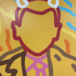 Detail photo of “Poor Devil Couldn't Get Fired” , painting by Chance Cooper artist from United States, based in LA. Available at Carousel Fine Art Miami. The artist's technique with oil on canvas celebrates the sacred art of storytelling, with each painting evoking the sense of a page torn from one’s life. His work is recognized as a playground where his characters reveal their existential secrets. Colors of this work : Blue, Green, Purple, Pink, Orange, Red, Yellow, Brown, Black, White