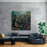 “Waking Up In Wonderland” , painting by Chance Cooper artist from United States, based in LA. Available at Carousel Fine Art Miami. The artist's technique with oil on canvas celebrates the sacred art of storytelling, with each painting evoking the sense of a page torn from one’s life. His work is recognized as a playground where his characters reveal their existential secrets. Colors of this work : Blue, Green, Purple, Pink, Orange, Red, Yellow, Brown, Black, Grey, White