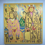 “Poor Devil Couldn't Get Fired” , painting by Chance Cooper artist from United States, based in LA. Available at Carousel Fine Art Miami. The artist's technique with oil on canvas celebrates the sacred art of storytelling, with each painting evoking the sense of a page torn from one’s life. His work is recognized as a playground where his characters reveal their existential secrets. Colors of this work : Blue, Green, Purple, Pink, Orange, Red, Yellow, Brown, Black, White