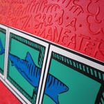 Detail photo of “El Tiburón”, painting by Cayla Birk artist from South Florida. Available at Carousel Fine Art Chicago. The artist’s technique blends traditional acrylic paints with unique materials, creating a distinct mixed media style. Birk's work is marked by intricate designs and recognizable gestures, combining contemporary culture, history, music, and literature. Her art challenges conventional thinking, offering new and unexpected experiences. Colors of this work : Red, Blue, Teal, Beige, White, Black