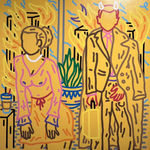 “Poor Devil Couldn't Get Fired” , painting by Chance Cooper artist from United States, based in LA. Available at Carousel Fine Art Miami. The artist's technique with oil on canvas celebrates the sacred art of storytelling, with each painting evoking the sense of a page torn from one’s life. His work is recognized as a playground where his characters reveal their existential secrets. Colors of this work : Blue, Green, Purple, Pink, Orange, Red, Yellow, Brown, Black, White