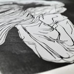 Detailed shot of Leonard Baskin's famous Dierdre woodcut print