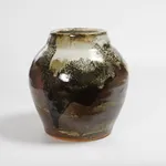 Murata Gen 村田 元, Jar, Black Iron on Rice Husk Glaze 糠白釉鉄砂黒文壺