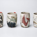 KOMAGO Tetsutarou 小孫哲太郎, No.31 Polychrome Yunomi with Carved Crab Designs 線彫蟹紋湯呑, 2023