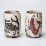 KOMAGO Tetsutarou 小孫哲太郎, No.31 Polychrome Yunomi with Carved Crab Designs 線彫蟹紋湯呑, 2023